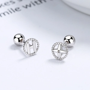 925 silver stud earring set with H letter and star motifs featuring screw ball backings