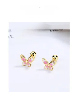 Detail of pink enamel butterfly earrings in 925 sterling silver with secure screw back