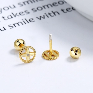 Golden S925 silver screw back earrings with hollow circle and star zircon studs