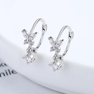 925 Sterling Silver Bow Hoop Earrings White Gold Plated Rhinestone Tassel Dangle Earrings Women Niche Sweet Jewelry Gift
