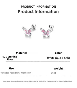 Detail view of pink enamel butterfly studs in 925 sterling silver with screw ball back