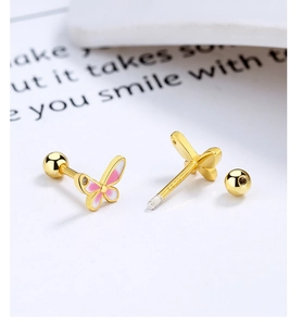 Close-up of S925 silver pink butterfly stud earring with screw back and enamel detail