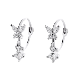 925 silver bow hoop earrings featuring sparkling zircon tassels on a white background