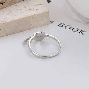 Minimalist S925 sterling silver open ring featuring a square mount and round dangle charm