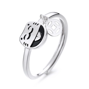 Adjustable silver Lucky Cat ring with black enamel details and a small coin pendant charm