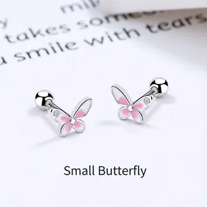 925 Sterling Silver Pink Enamel Butterfly Stud Earrings With Screw Back Rhinestone Sweet Butterfly Jewelry For Women Girls