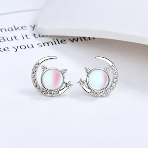 S925 silver moon and cat stud earrings with sparkling crystals and opal gemstones