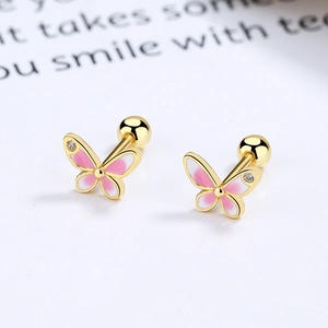 Pink butterfly 925 silver studs with gradient enamel, gold finish and secure screw back