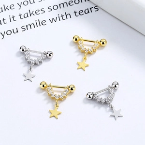 Set of 925 silver C-shape barbell earrings with V-shape zircon studs and star pendants