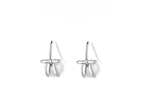 Detailed view of silver bow pearl earrings featuring S925 sterling silver hooks