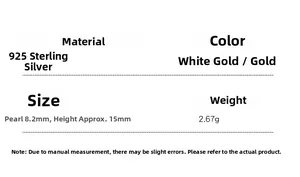 Detailed size and material specs for 925 silver bow pearl earrings with 8.2mm shell pearl