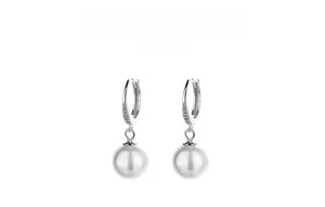Detail of elegant teardrop pearl earrings with 925 silver pave setting and cubic zirconia