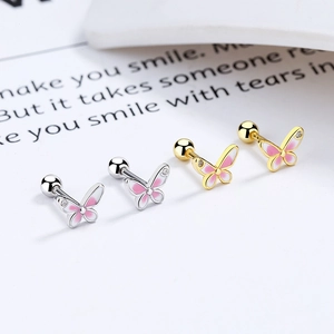 Pink enamel butterfly 925 sterling silver screw back earrings with small zircons