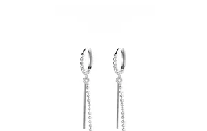 Detail view of long silver tassel earrings with delicate bead chains and leverback hooks