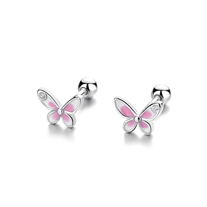 Pink enamel butterfly earrings in 925 sterling silver with screw back and zircon stones