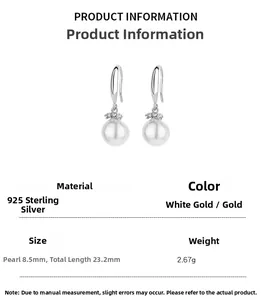 Dimensions détaillées des boucles d'oreilles en argent 925 et perles de 8,5mm