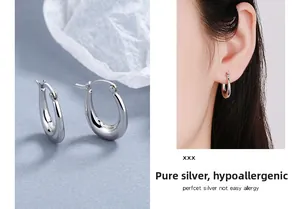 Detailed view of S925 sterling silver drop hoop earrings on a model and close-up