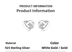 Détails de boucles d'oreilles cœur en argent 925 avec zircon blanc sur fond blanc