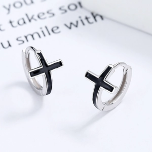 Boucles d'oreilles Créoles Croix en Argent Sterling 925 pour Femmes Petit Émail Noir Boucle d'oreille Bijoux de Mode Cadeau