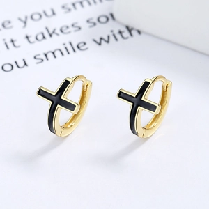 Paire de créoles en argent 925 doré avec motifs de croix en émail noir