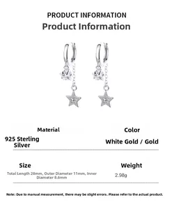 Macro detail of 925 sterling silver star tassel earrings with dimensions and weight