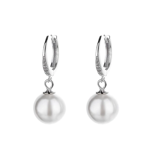 Silver 925 hoop earrings with sparkling zircons and round white pearl drop pendants
