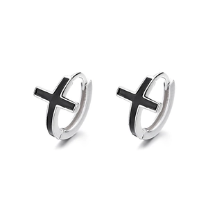 Créoles minimalistes en argent sterling 925 avec breloque croix en émail noir pour femmes et hommes
