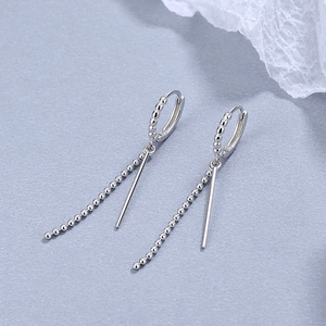 Minimalist silver long tassel earrings with bead texture hoops and vertical drop bars