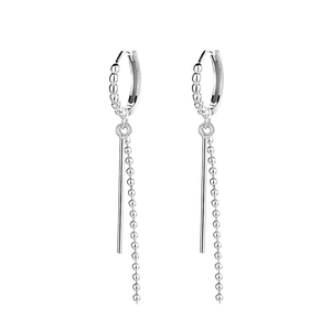 Elegant silver tassel earrings featuring geometric beads and long metallic chain drops