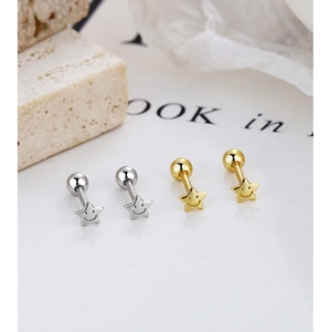 Detailed shot of silver and gold S925 smiley star screw back earrings on stone props
