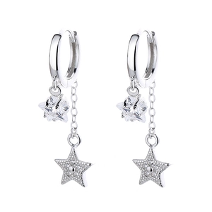 925 silver star tassel drop earrings with sparkling crystal charms on white background