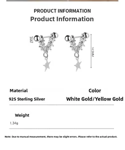 Detailed size chart of 925 sterling silver star earrings with 14.5mm total length