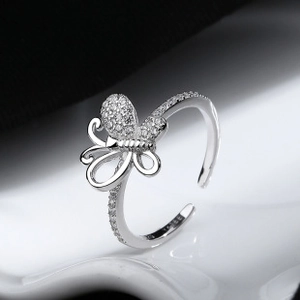 Detailed view of S925 sterling silver butterfly ring with shimmering white zircon stones