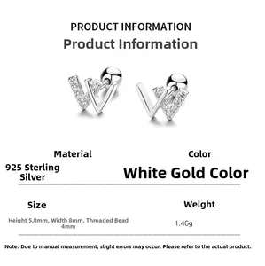 Detailed size specifications of 925 silver W-shaped screw back stud earrings with zircons
