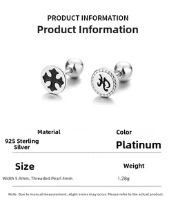 Detailed view of 925 sterling silver screw back earrings with cross design and measurements