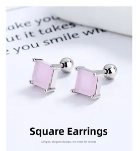 Detailed close-up of pink square zircon earrings with 925 silver screw back design