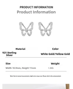 Detailed specs of S925 sterling silver butterfly studs with 10.9mm dimensions