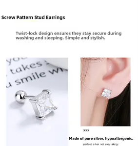 Macro detail of 925 sterling silver screw back earrings with square zircon stone