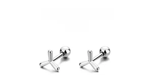 Detailed macro view of minimalist silver windmill screw back earrings in a smooth finish