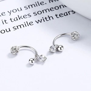 925 silver crescent moon earrings featuring shimmering pave crystal ball and metal bead
