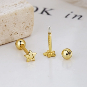 S925 sterling silver star smiley face earrings with secure screw back threaded ball