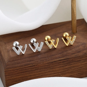 925 Sterling Silver Letter W Screw Back Stud Earrings Women Minimalist Rhinestone Inlaid Small Ear Bone Studs Jewelry Gift