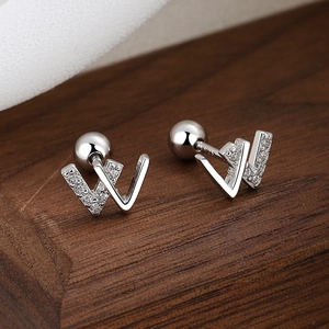 Polished silver letter W earrings with cubic zirconia inlay and screw back design