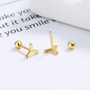 Elegant gold S925 sterling silver X-shaped screw back stud earrings with ball backs