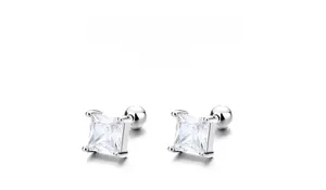 Close-up of 925 sterling silver square zircon screw back stud earrings with ball backs