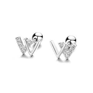 925 silver letter W screw back earrings with sparkling cubic zirconia minimalist design