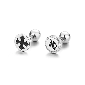 925 Sterling Silver black enamel cross and letter screw back stud earrings set