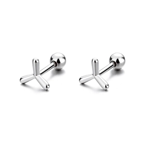 Minimalist silver tripod screw back earrings with polished geometric architectural design