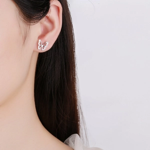 Elegant 925 sterling silver butterfly stud earrings with sparkling zircon crystals