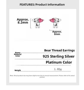 Detailed specs for S925 sterling silver bear stud earrings with pink heart gem